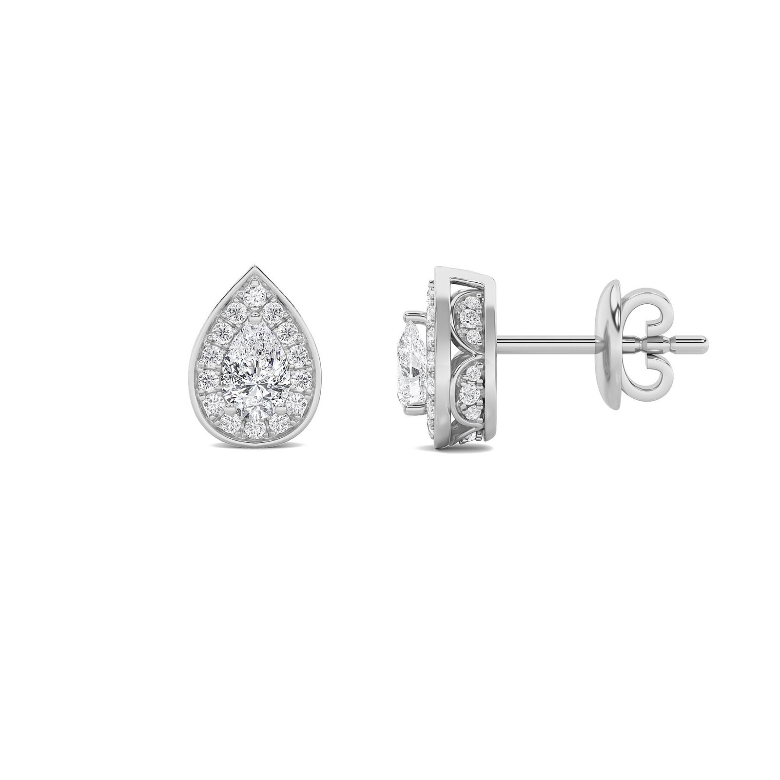 Halo Stud Earrings with Pear Shaped Lab Grown Diamond (F/VS) in 14K Gold