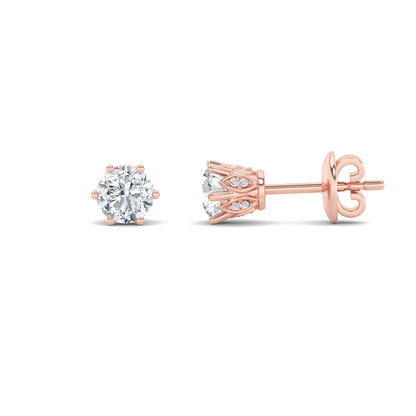 Tulip Head Stud Earrings with Round Shaped Lab Grown Diamond (F/VS) in 14K Gold
