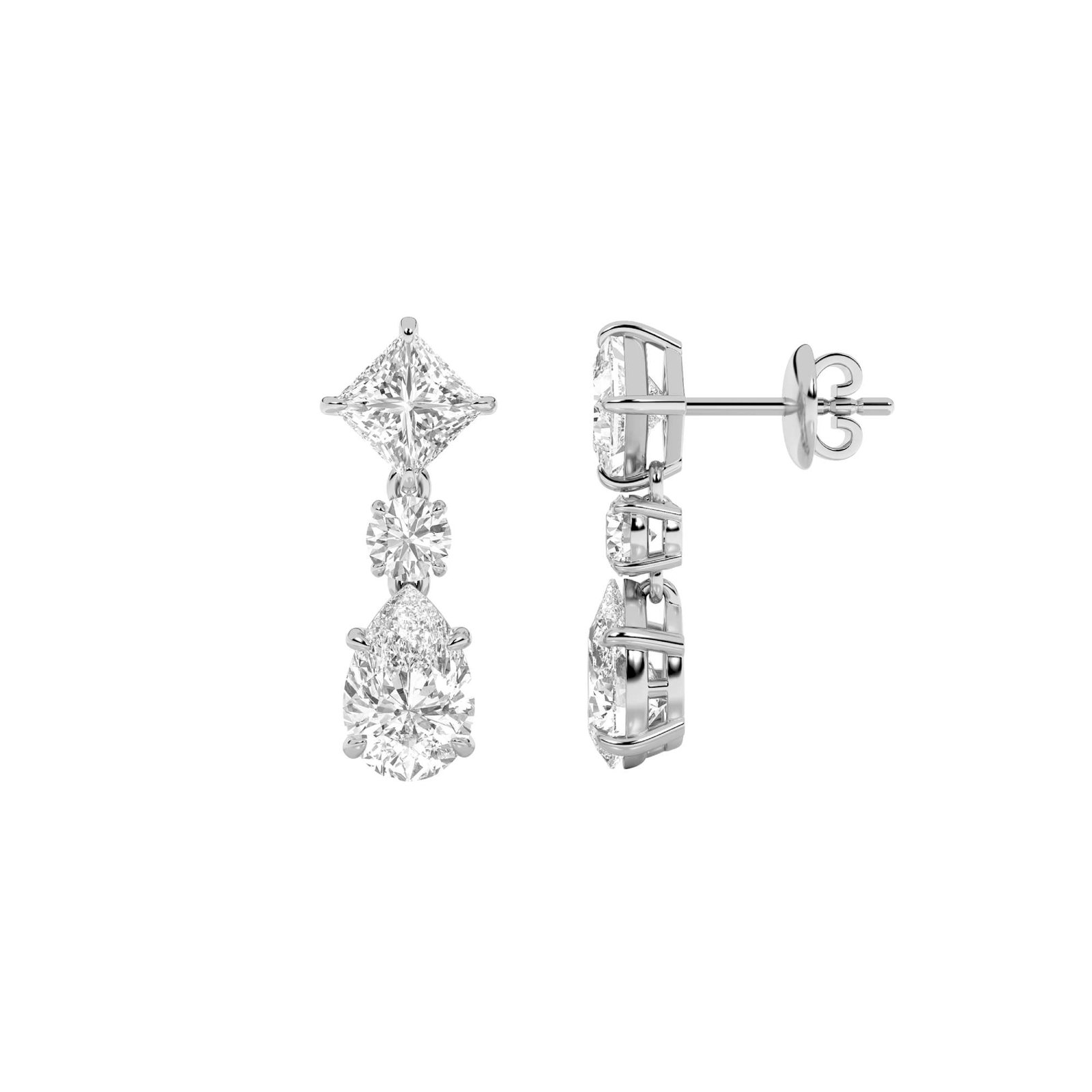Three Stone Pear-Princess Dangle Earrings