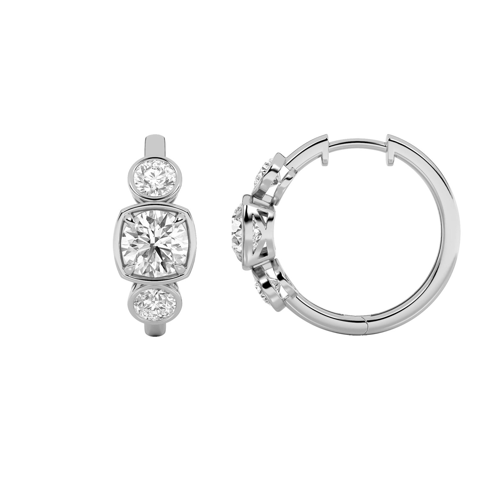 Three Stone Bezel Round Hoop Earring